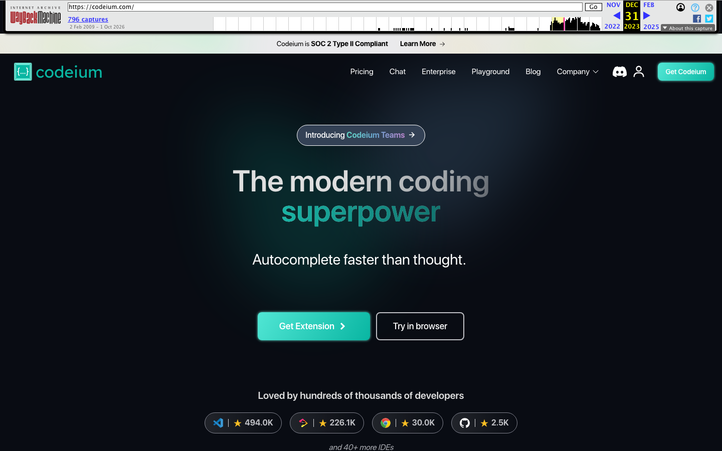 Codeium homepage December 2023: loved by hundreds of thousands of developers, VS Code at 494K installs, Codeium Teams banner and SOC 2 bar